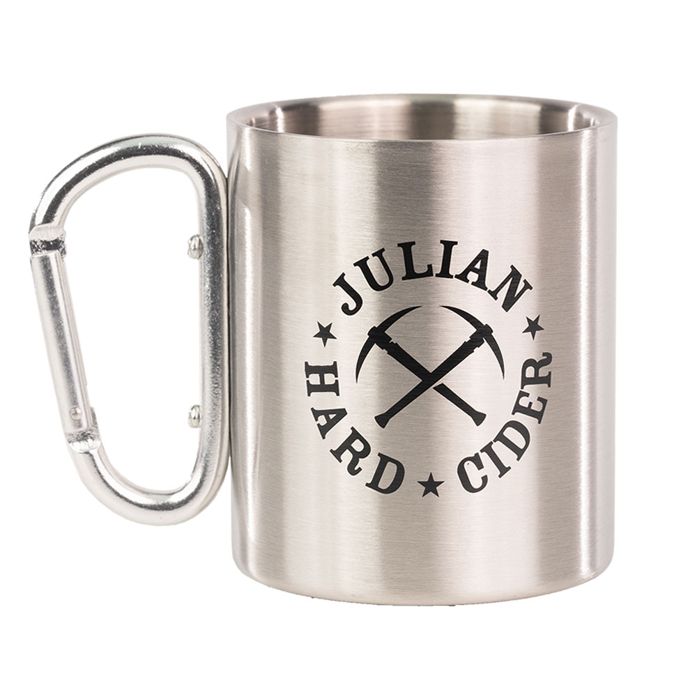 Hoppy Beer customizable mug with carabiner handle made of stainless steel.