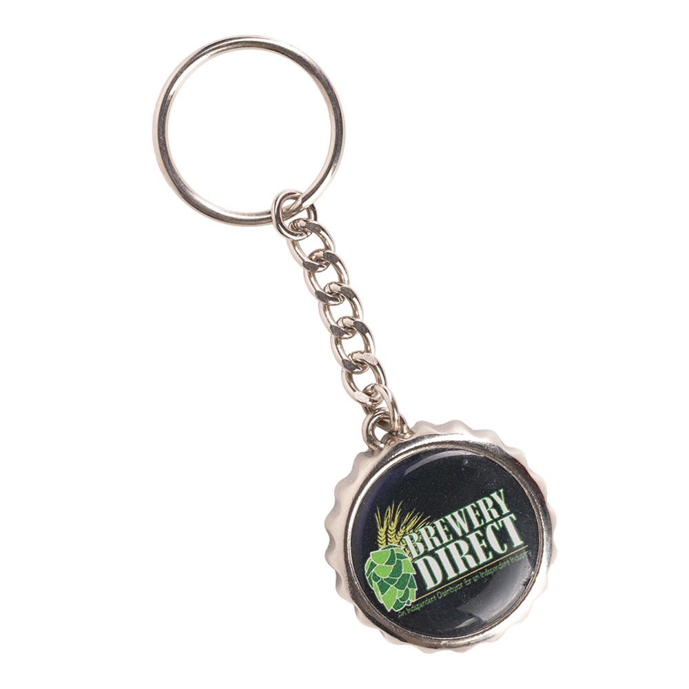 Hoppy Beer customizable chrome keychain with bottle opener.