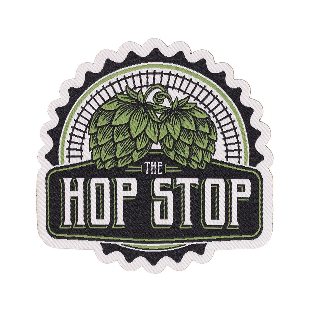 Hoppy Beer customizable woven patch with adhesive backing.