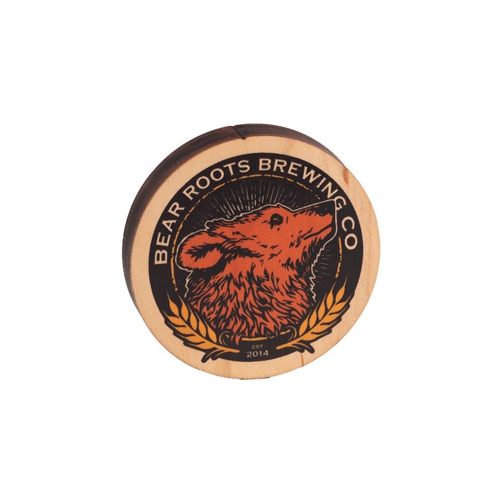 Hoppy Beer customizable wooden keychain and magnet with bottle opener.